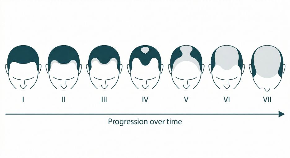 Norwood scale based illustration depicting hair loss progression over time