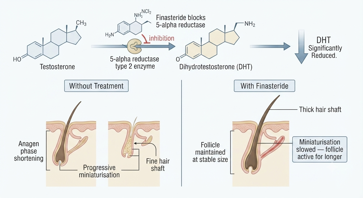 Diagram of finasteride's DHT reduction mechanism and follicle preservation