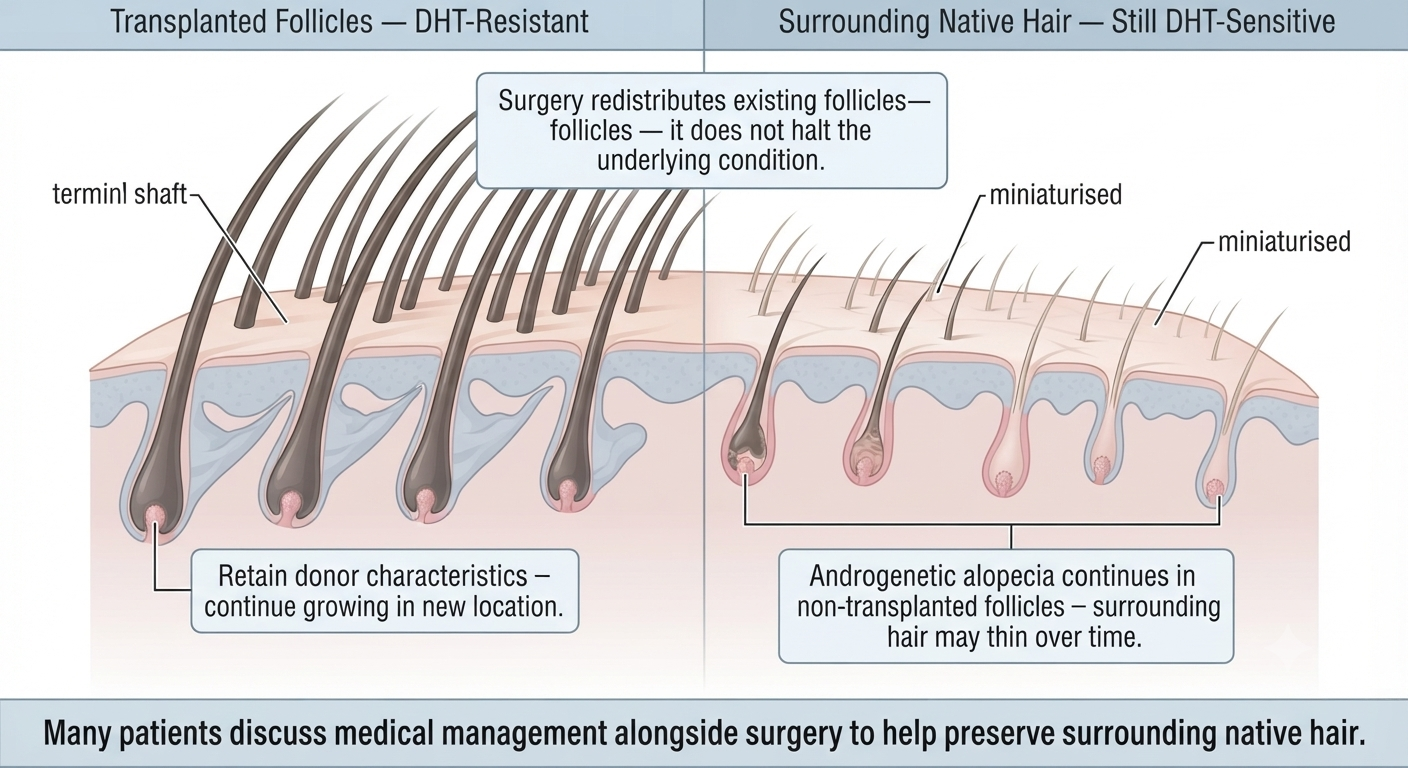 Diagram showing transplanted follicles stable while surrounding native hair continues to thin