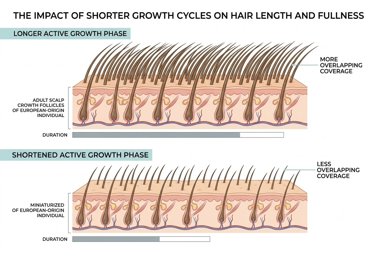 Shorter active growth phases can limit strand length and reduce overlapping coverage.