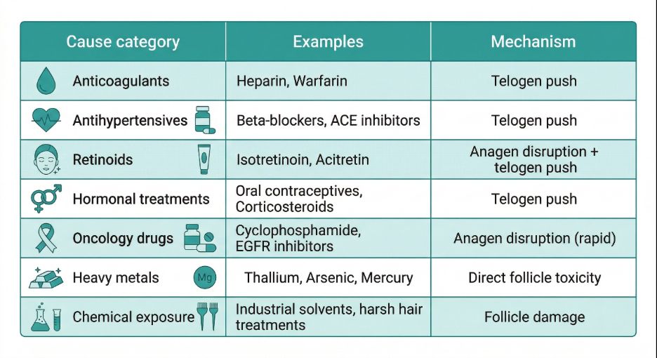 Table explaining hair shedding causes and mechanisms