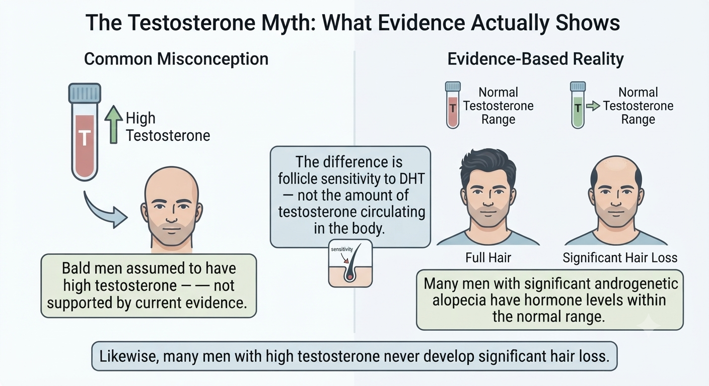 Diagram debunking the testosterone myth with evidence-based clarification