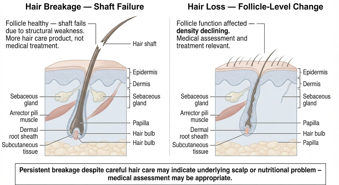 Diagram distinguishing shaft breakage from follicular hair loss