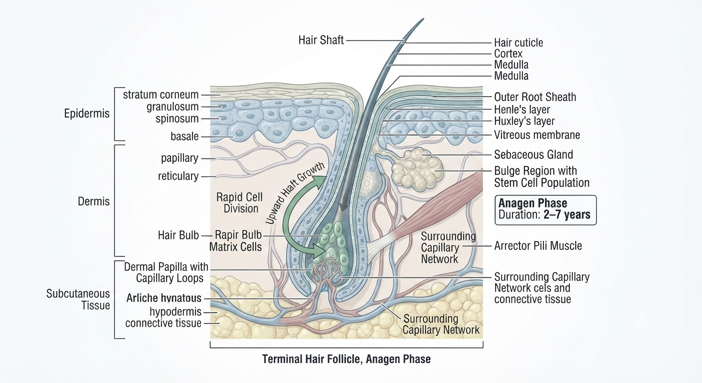 Diagram of a healthy terminal follicle in full anagen with all key structures labelled
