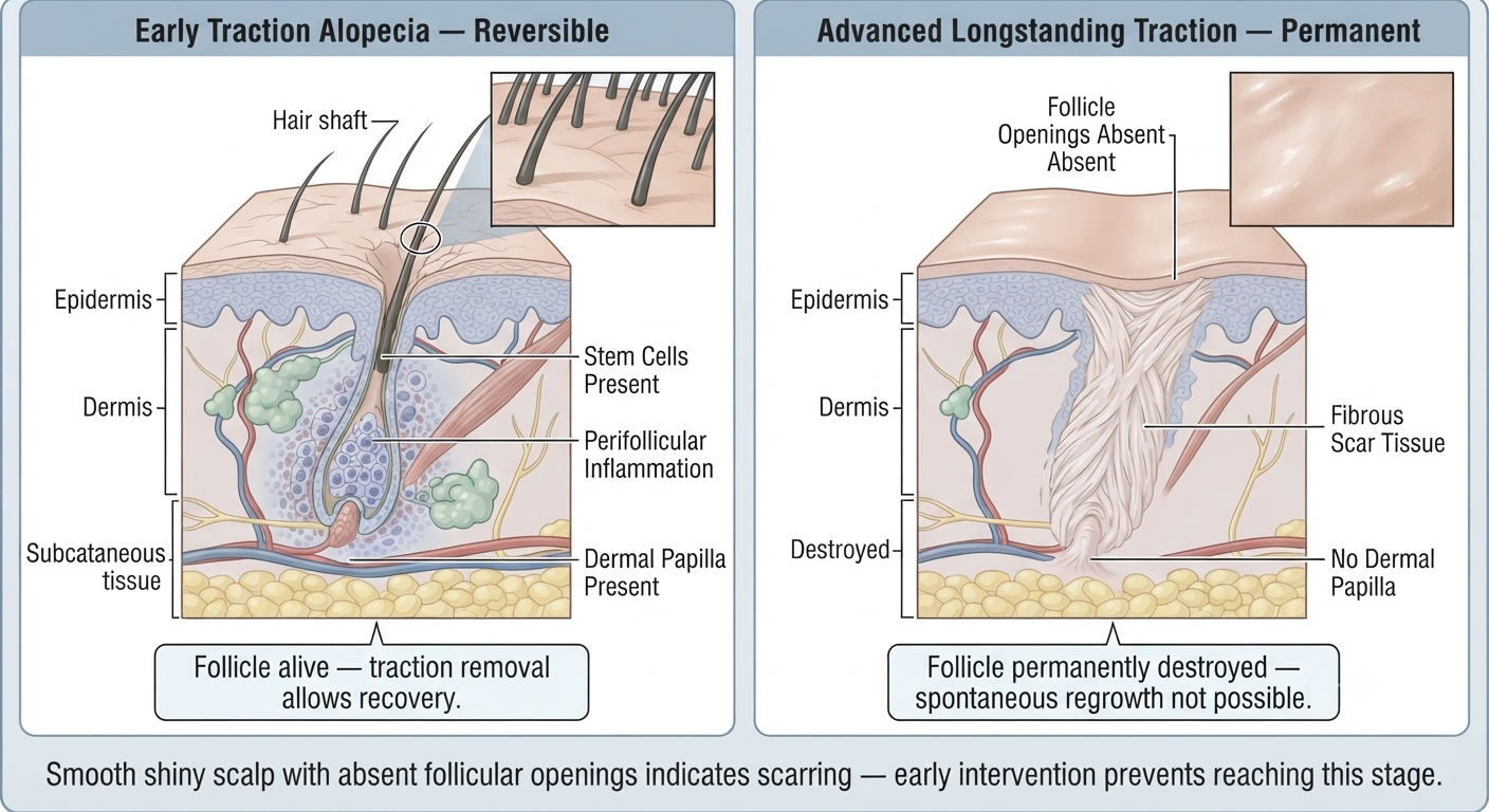Diagram comparing reversible early traction alopecia vs permanent scarring follicle destruction
