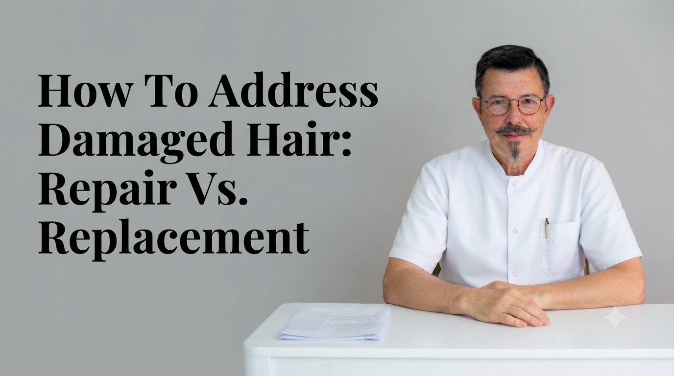 How to address damaged hair repair vs replacement blog title on a clean background