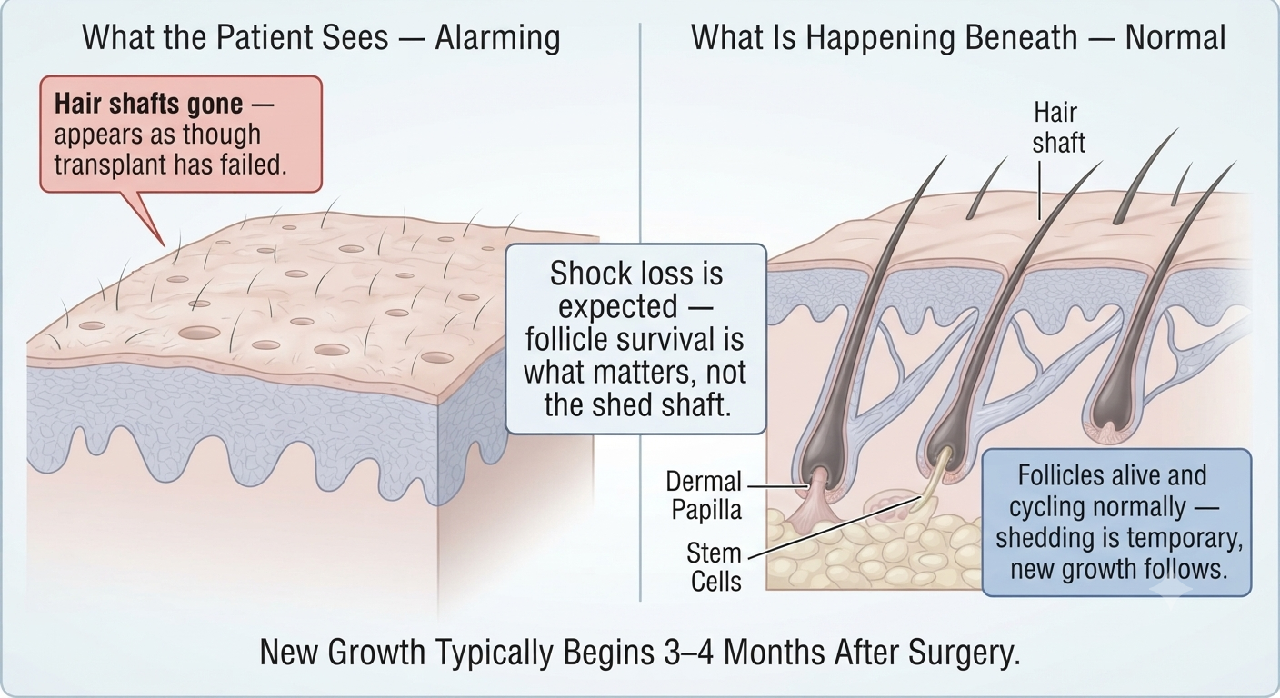 Diagram explaining shock loss — follicle survival vs hair shaft shedding