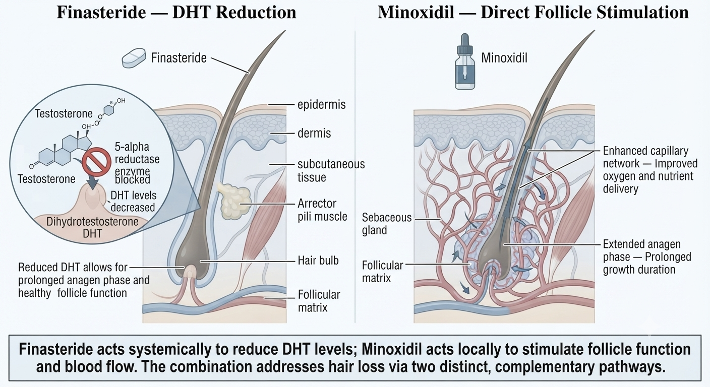 Diagram showing the complementary mechanisms of finasteride and minoxidil at the follicle level