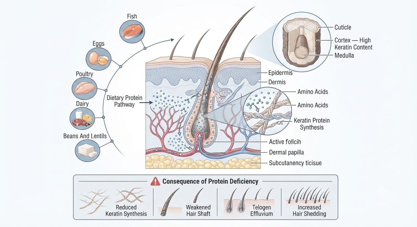 Diagram showing protein's role in keratin synthesis at the follicle level