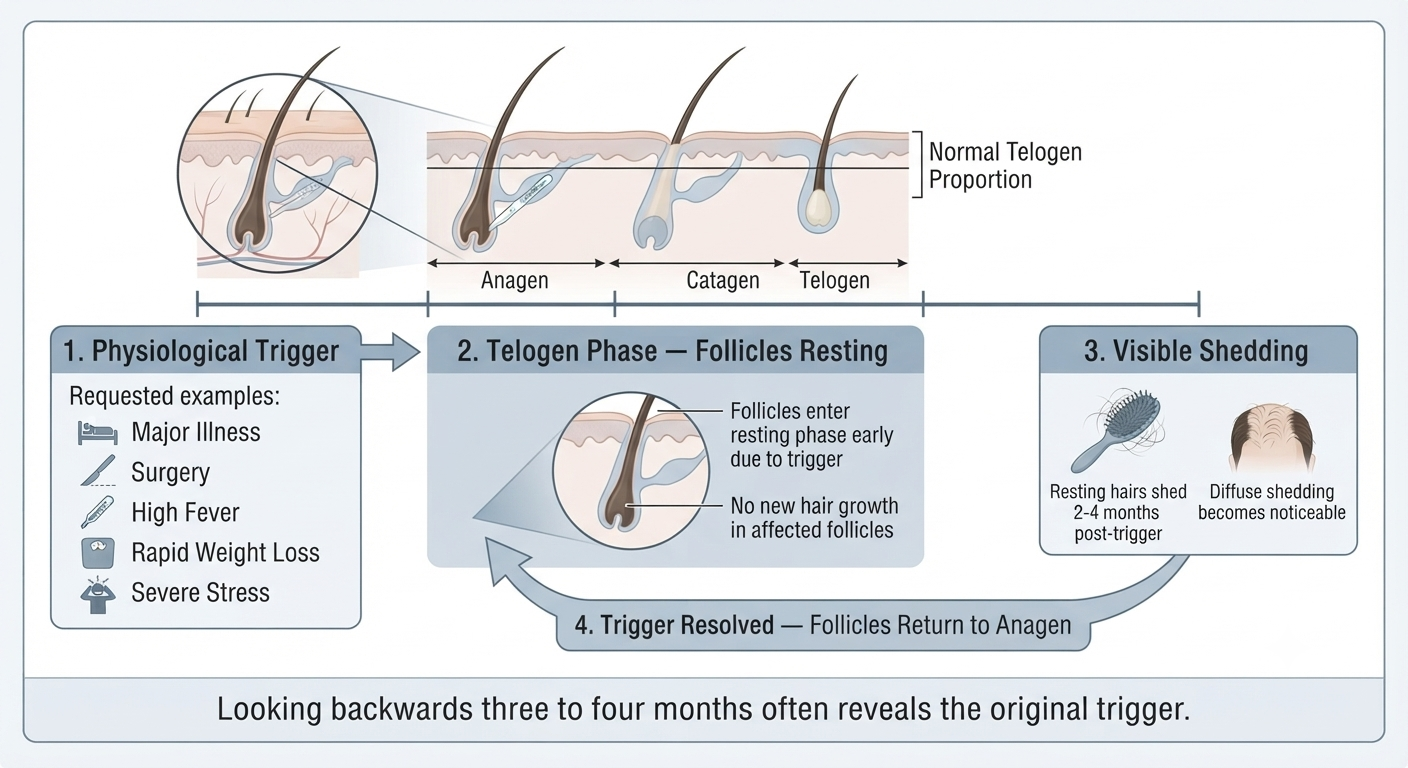 Timeline diagram showing telogen effluvium trigger-to-shedding delay