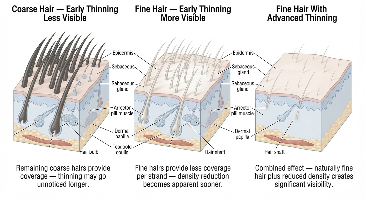 Diagram showing how naturally fine hair makes early thinning more visible