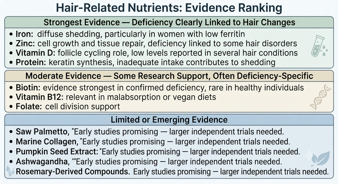 Evidence-ranked diagram of key nutrients in hair health