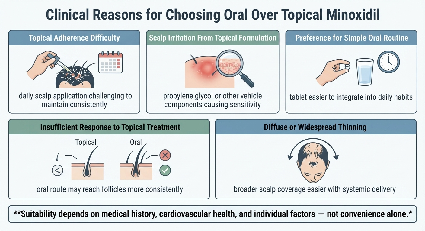 Diagram of clinical scenarios favouring oral over topical minoxidil