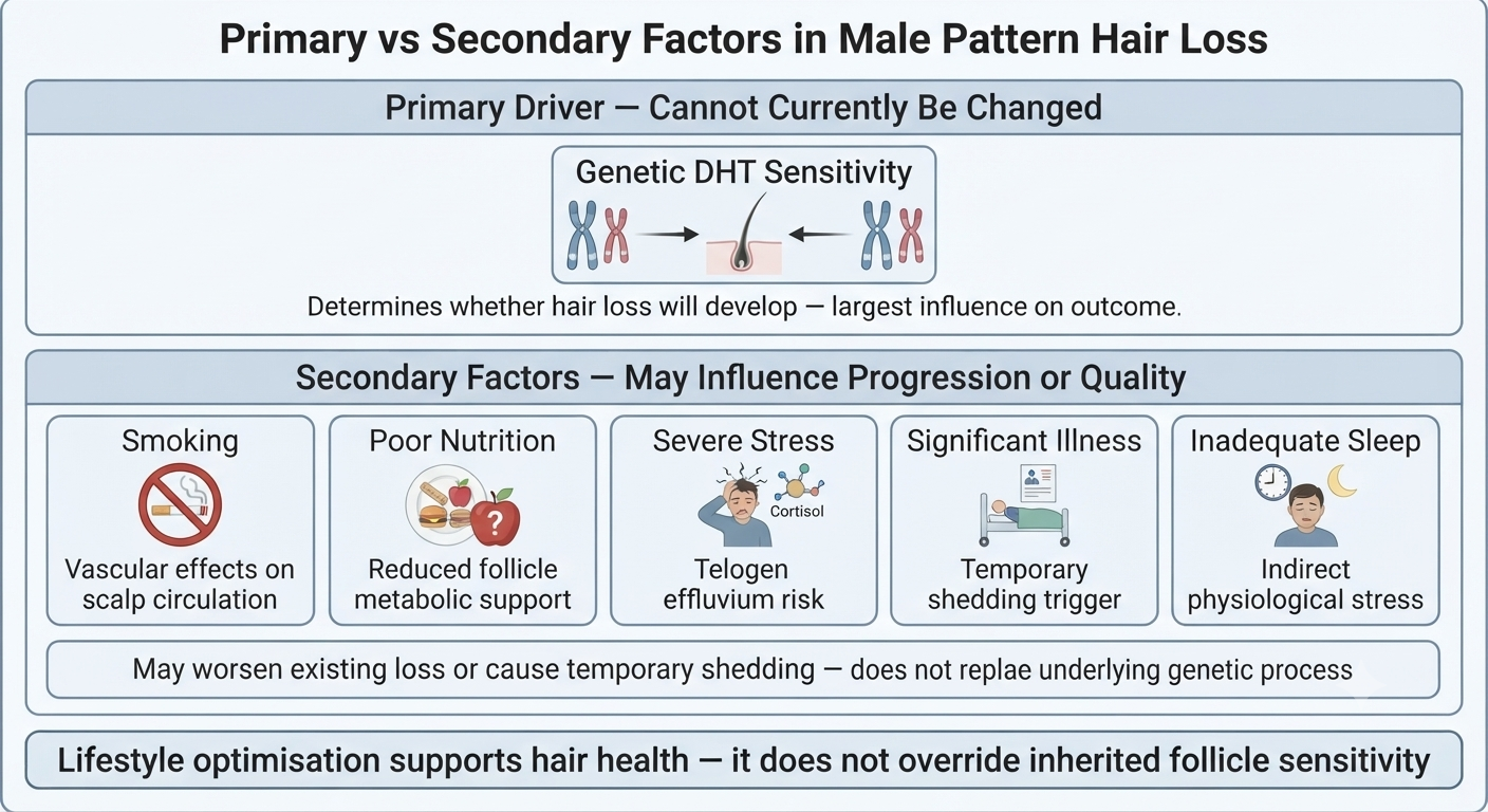 Diagram showing lifestyle factors as secondary contributors vs genetics as the primary driver