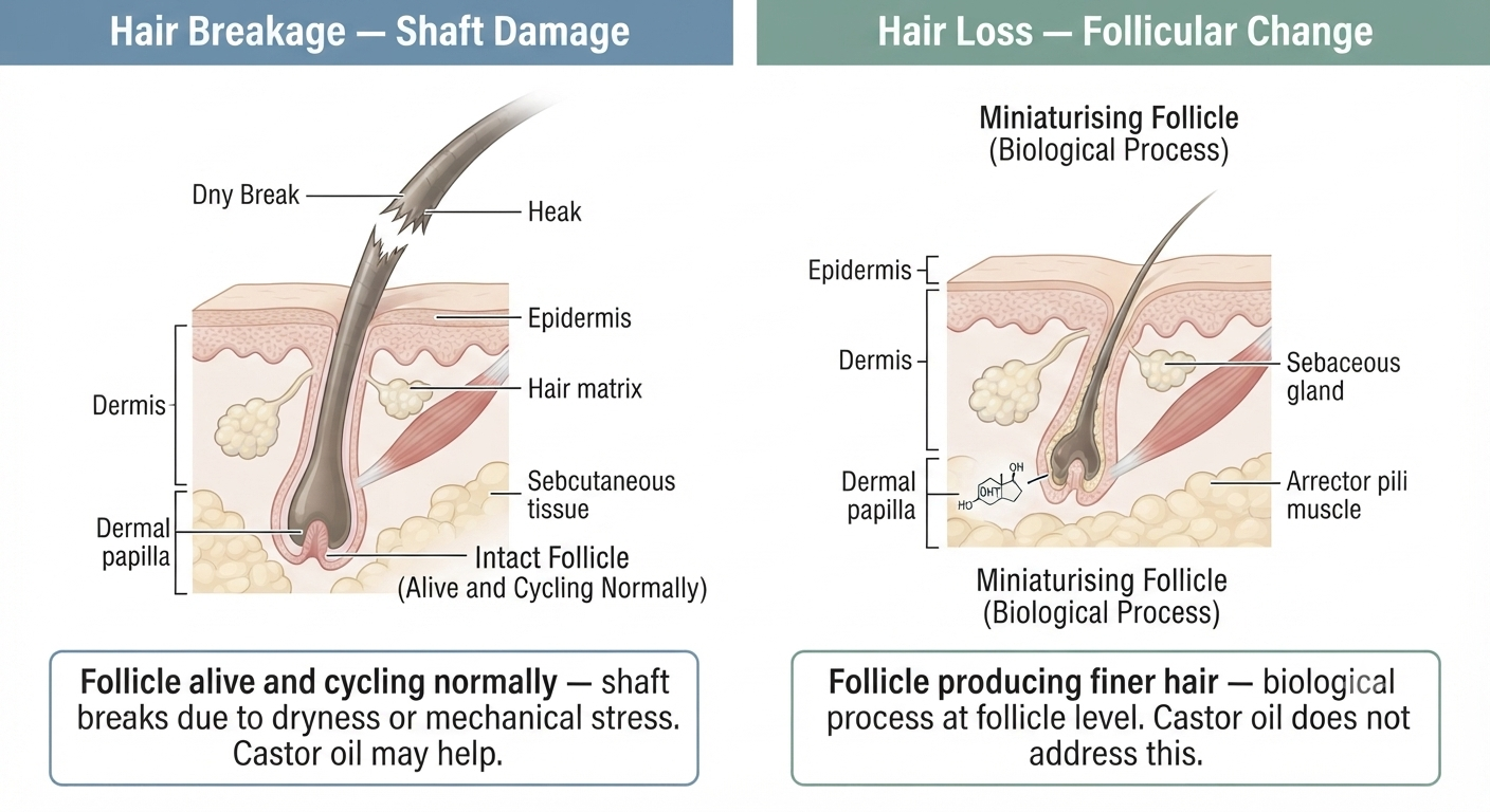 Diagram distinguishing shaft breakage from follicular hair loss