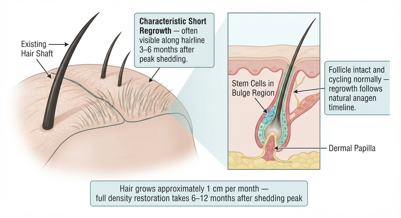 Diagram showing new hair regrowth pattern after postpartum telogen effluvium