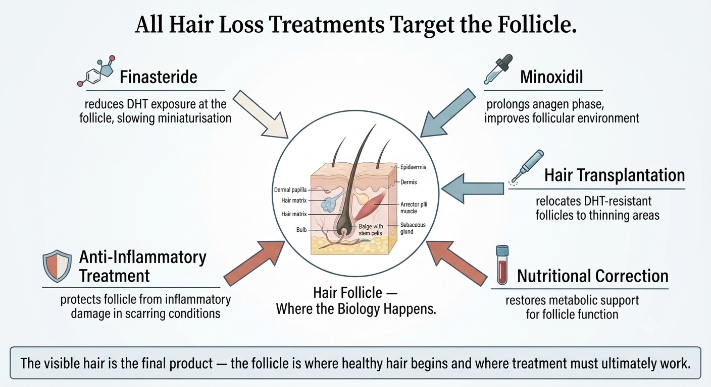Summary diagram showing how all hair loss treatment approaches converge on the follicle