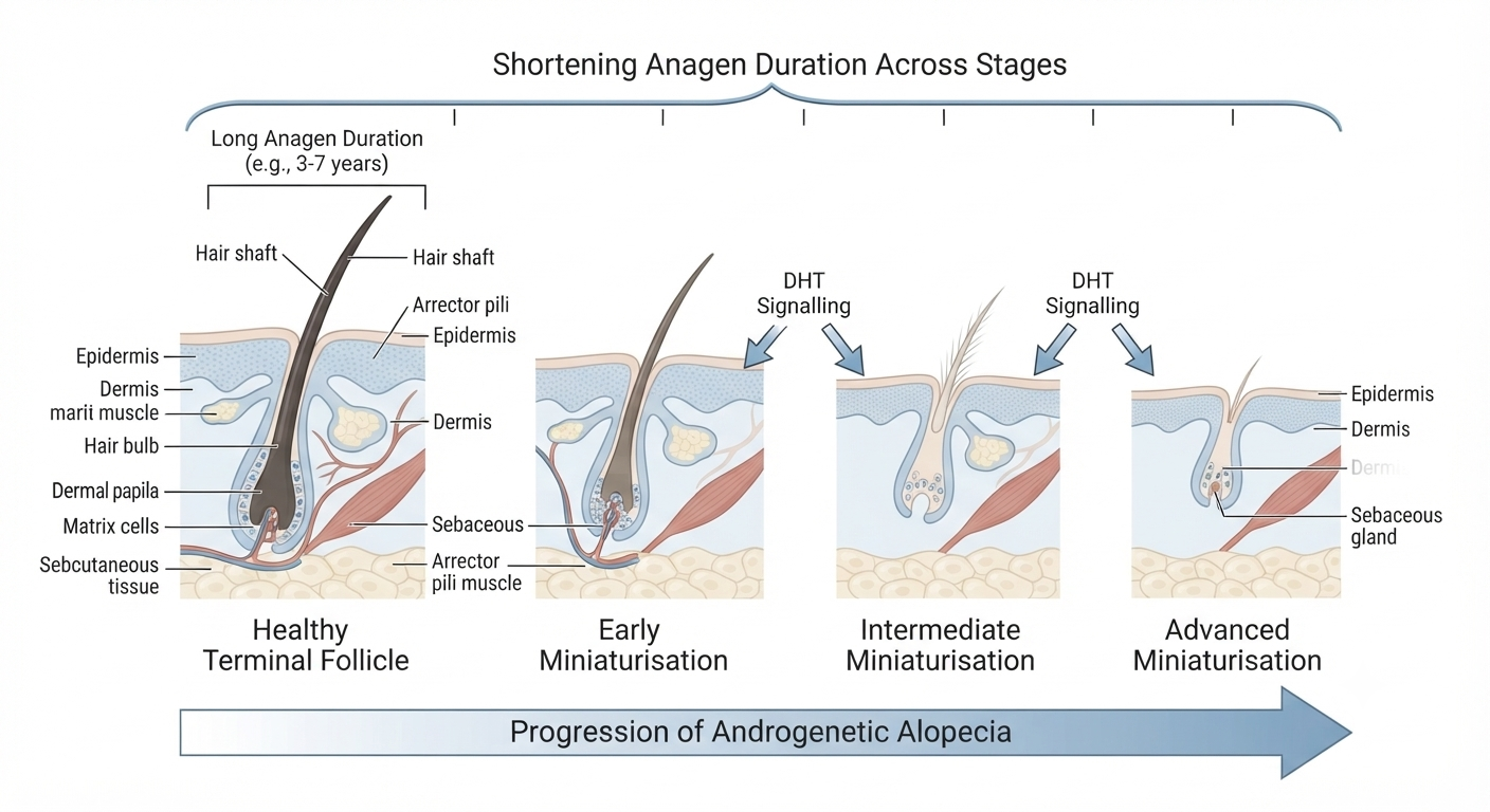 Diagram showing progressive follicle miniaturisation under DHT influence