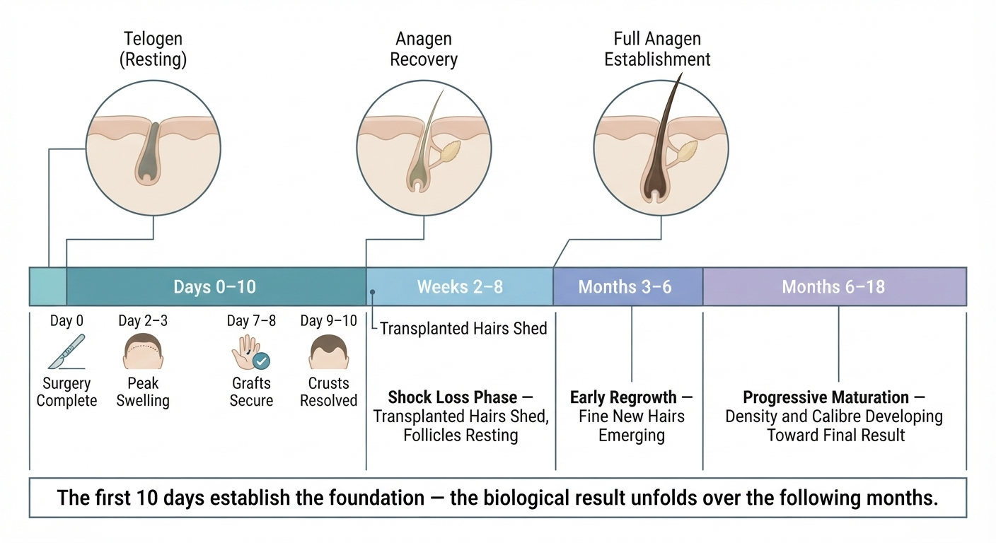 Summary timeline from surgery through first 10 days to final result