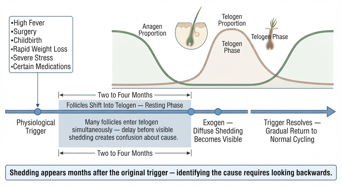 Timeline diagram showing telogen effluvium trigger-to-shedding delay