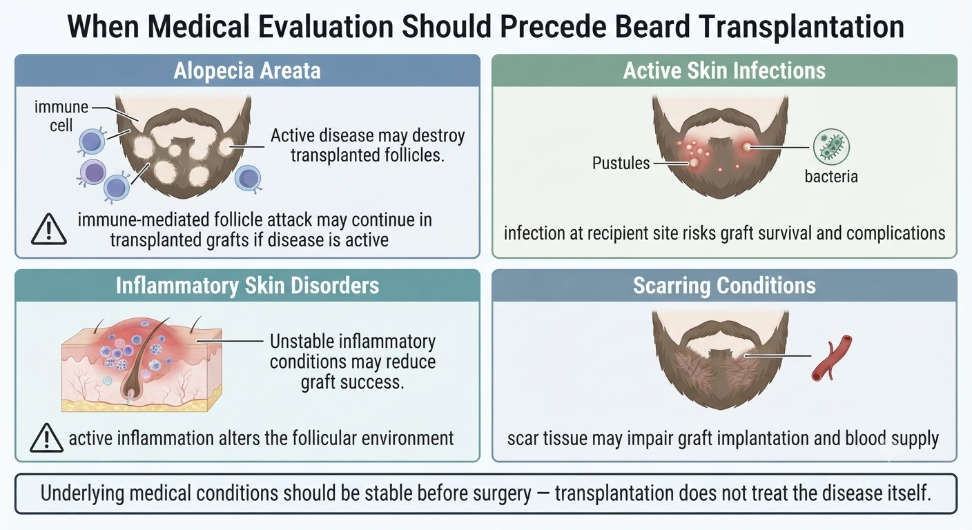 Diagram of conditions where active disease must be controlled before beard transplantation
