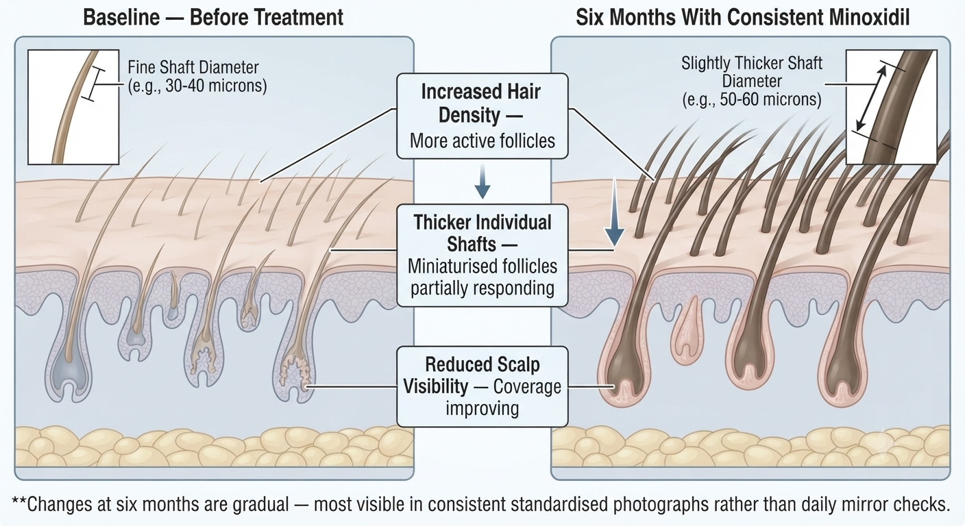Comparative scalp diagram showing expected changes between baseline and six months