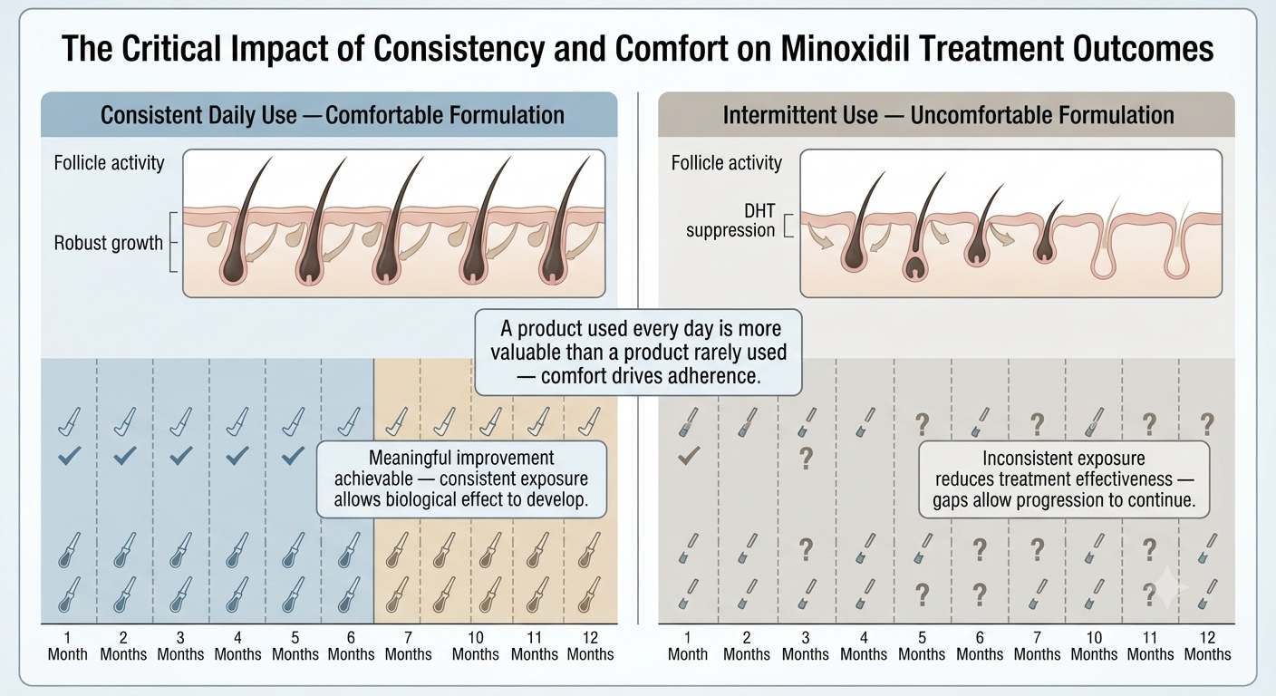 Timeline diagram showing how adherence drives outcome more than brand choice