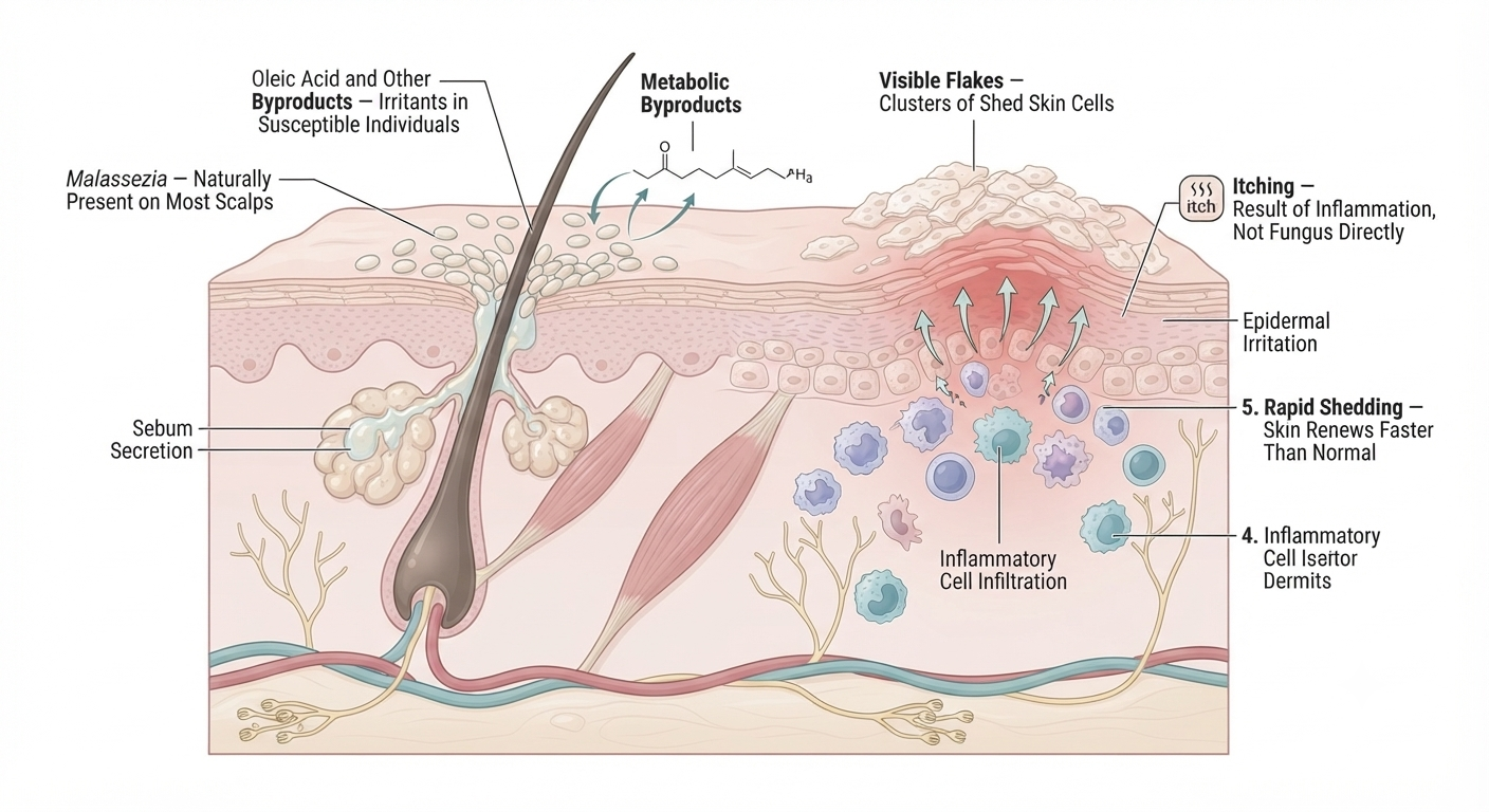 Diagram showing the Malassezia-sebum-inflammation-flaking pathway
