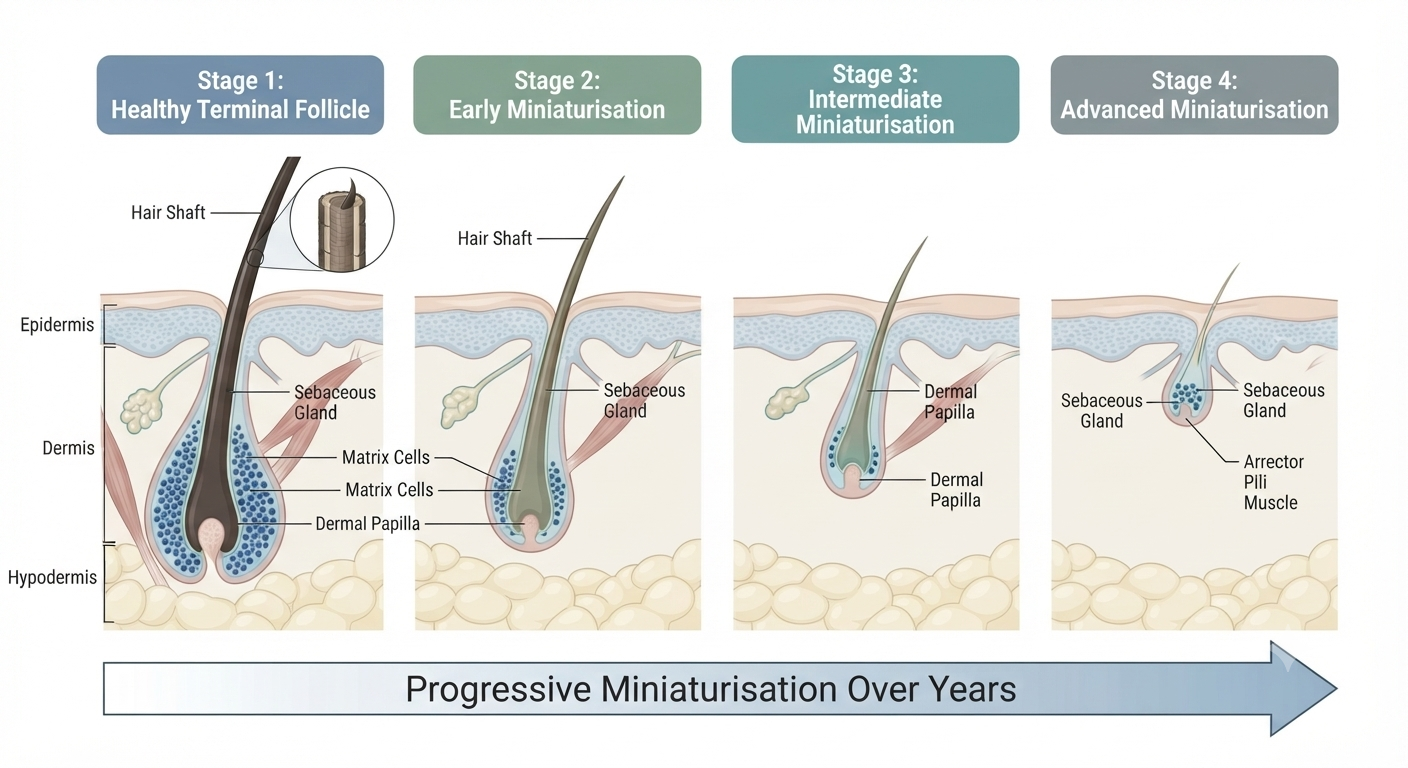 Progressive follicle miniaturisation sequence from terminal to vellus-like