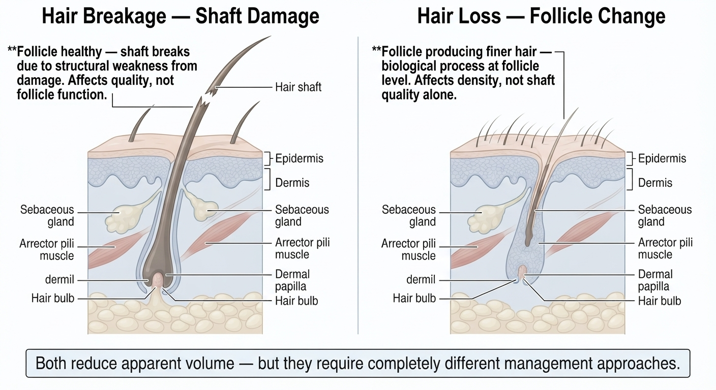 Diagram distinguishing breakage from follicular hair loss