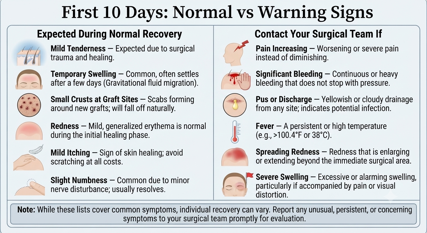 Structured panel distinguishing normal healing signs from warning signs requiring contact