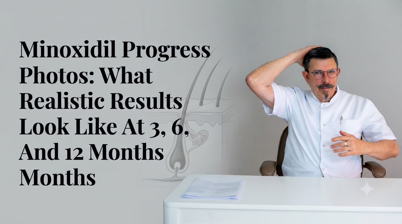 Minoxidil progress photos what realistic results look like at 3 6 and 12 months blog title on a clean background