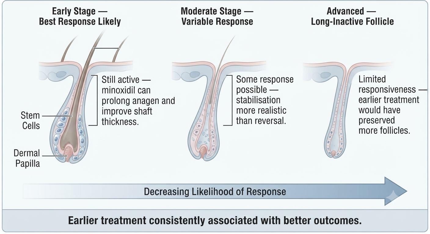 Diagram showing follicle responsiveness across different stages of androgenetic alopecia