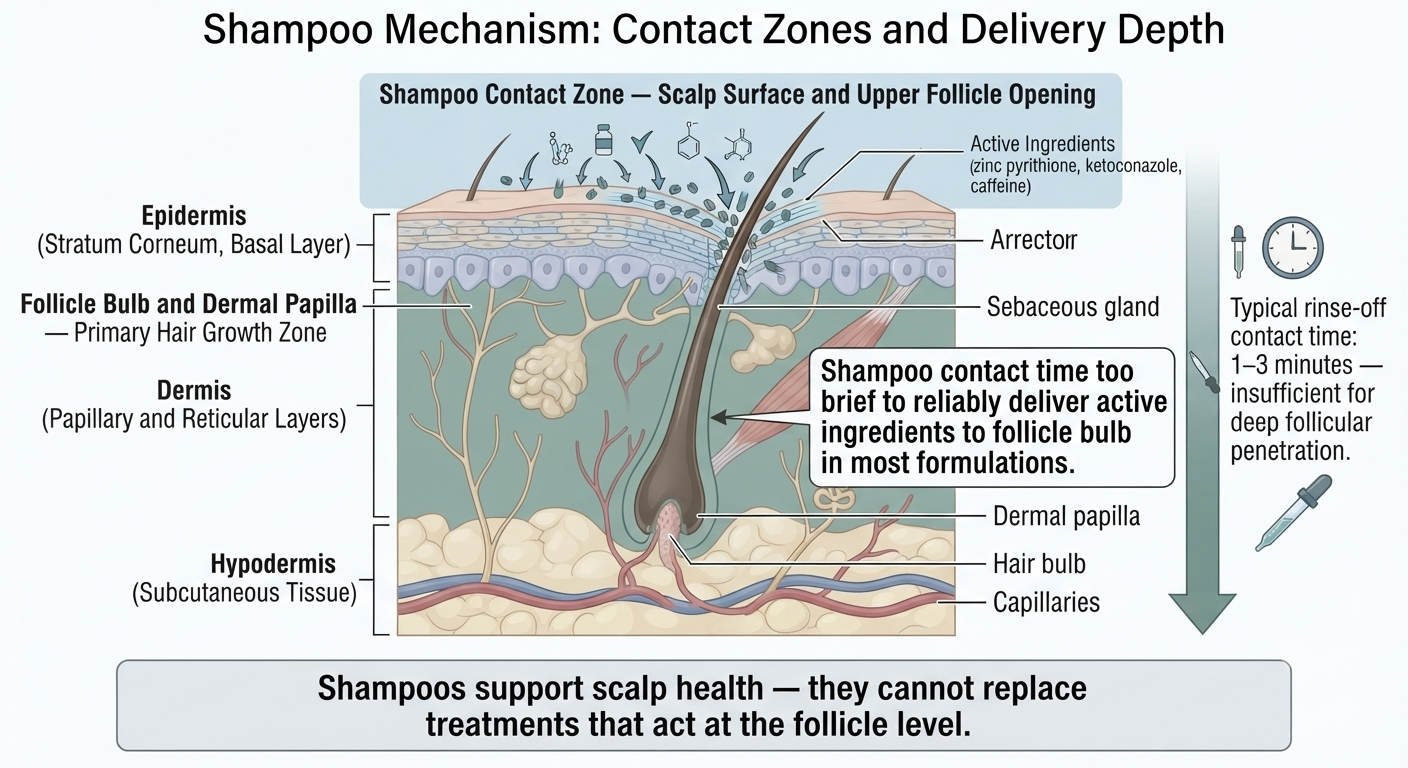 Diagram showing why rinse-off contact time limits shampoo's follicular impact