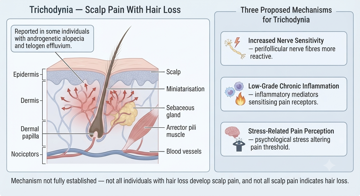 Diagram of trichodynia — scalp pain associated with hair loss conditions