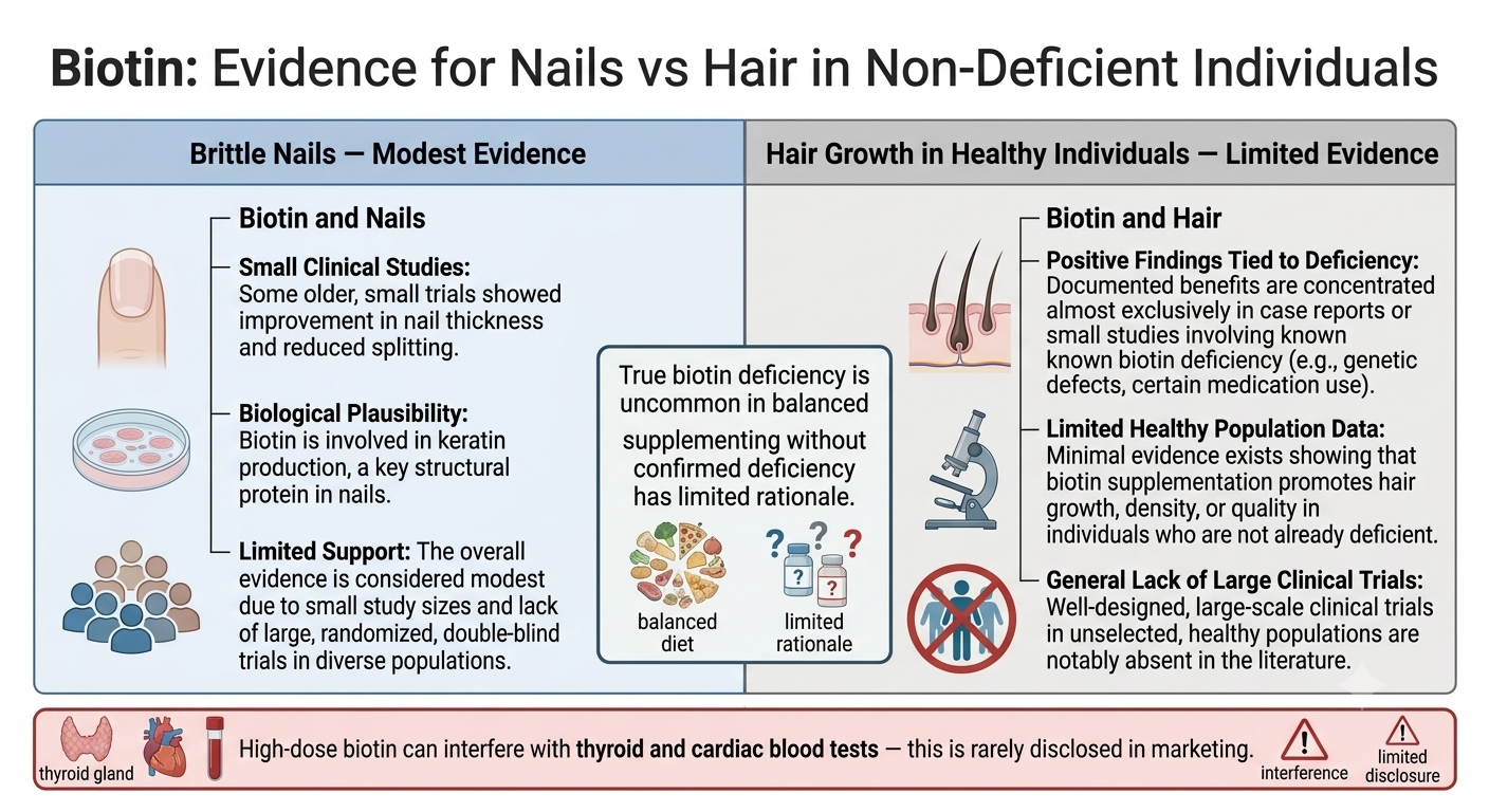 Evidence comparison diagram — biotin for nails vs biotin for hair in non-deficient individuals