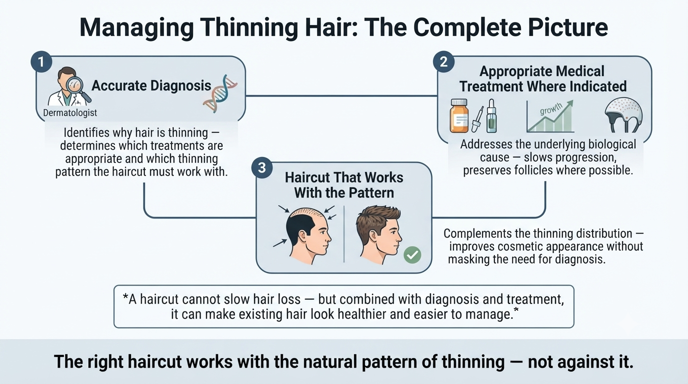 Summary diagram showing haircut as one component of a broader hair loss management approach