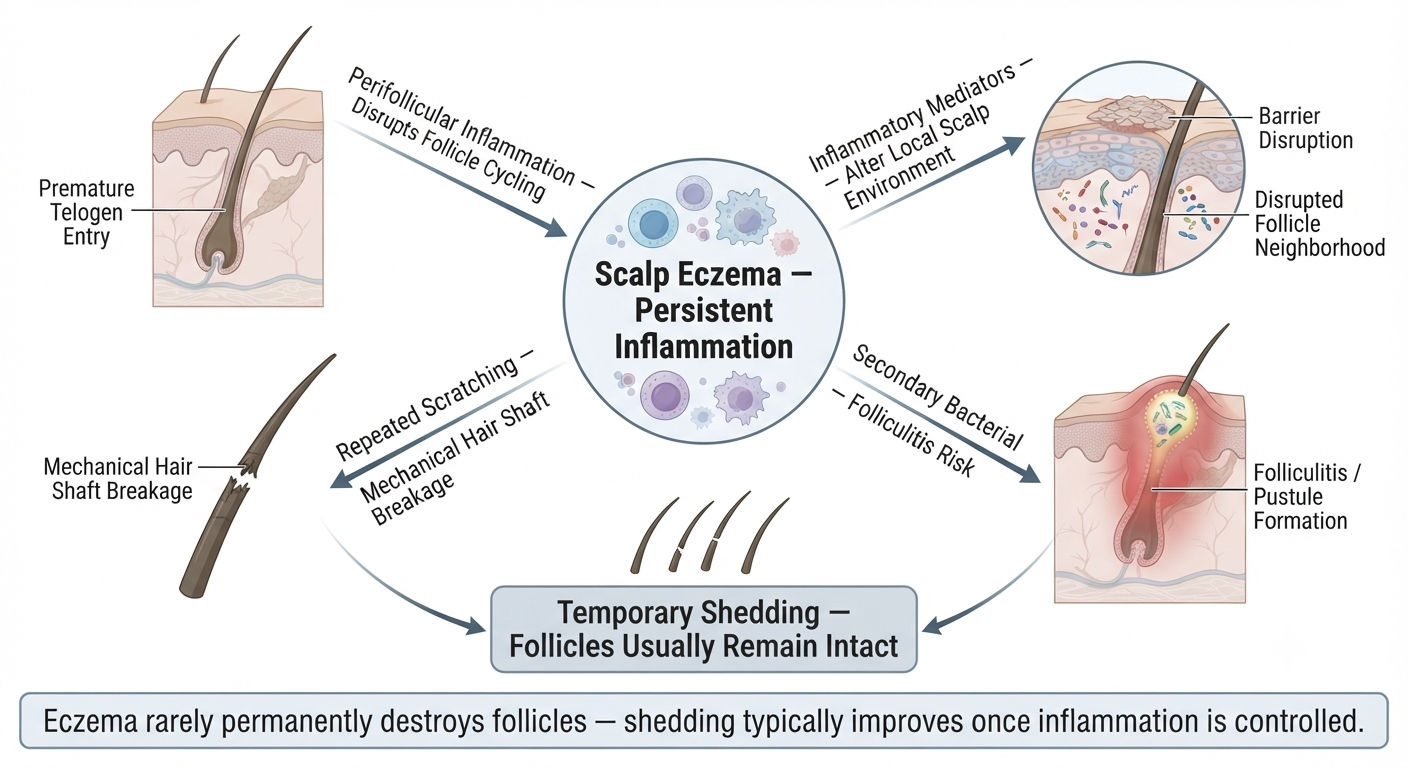 Diagram showing indirect pathways from scalp eczema to temporary hair shedding