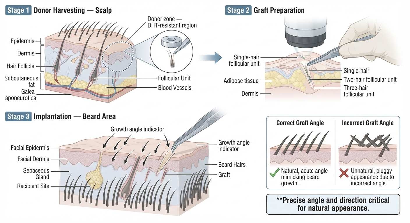 Diagram showing the beard transplant process from donor extraction to beard implantation