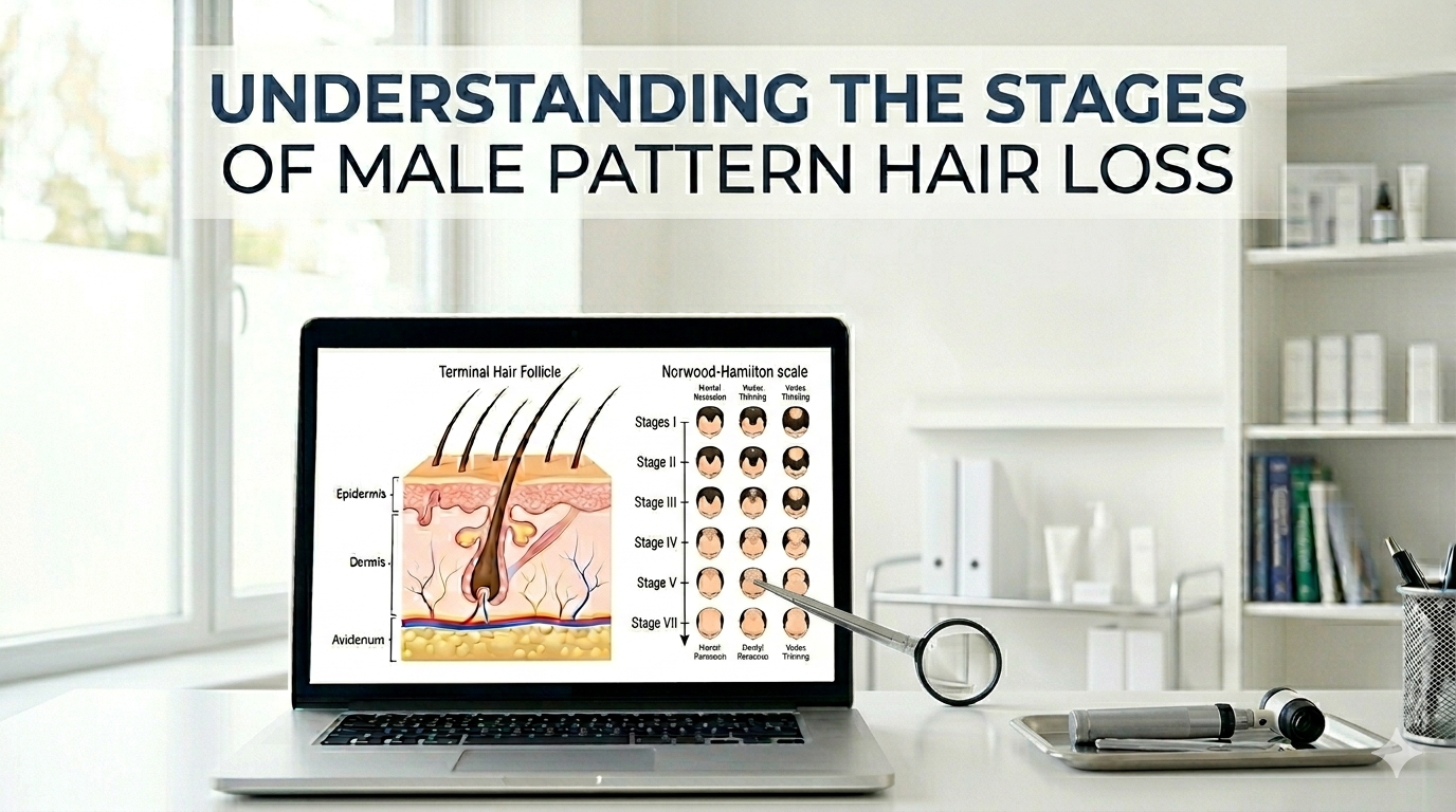  Illustrated diagram of a male scalp with hair thinning patterns overlaid, alongside the blog title "Stages of Male Pattern Hair Loss"  — Alopexia blog.