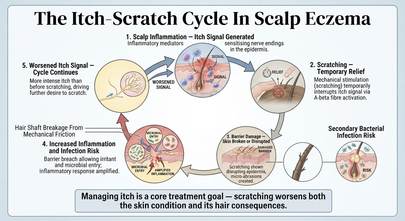 Diagram showing how scratching creates a worsening cycle in scalp eczema