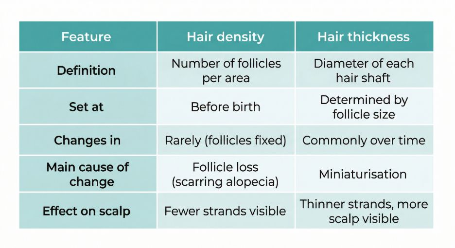 Table: Distinction between hair density and hair thickness