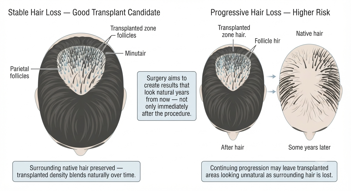 Diagram showing the risk of transplanting during progressive hair loss