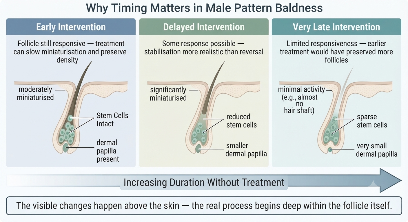 Summary diagram contrasting early vs delayed treatment intervention on follicle responsiveness