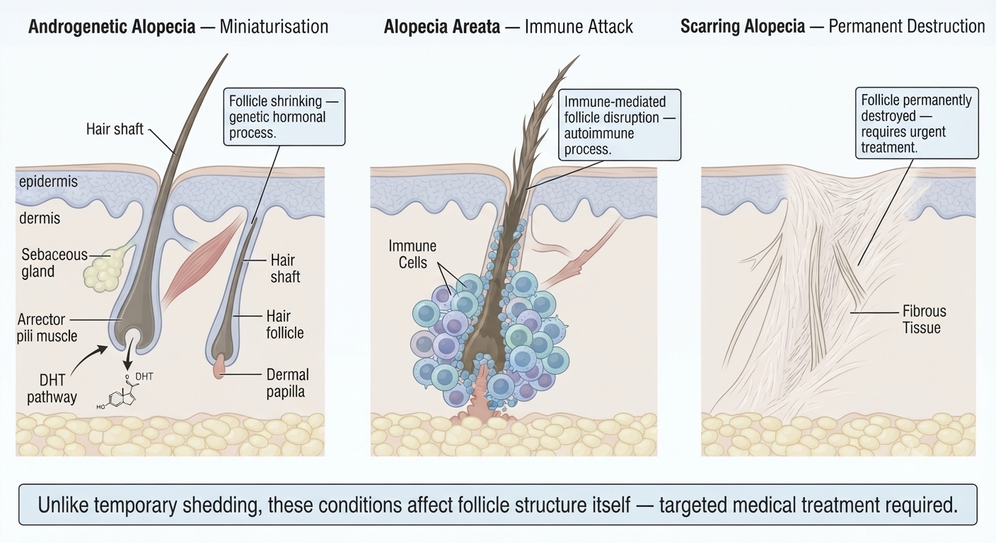 Diagram distinguishing follicle-level changes in hair loss conditions from shedding