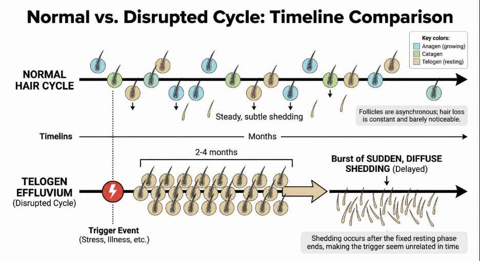 Normal hair cycle versus disrupted hair cycle 