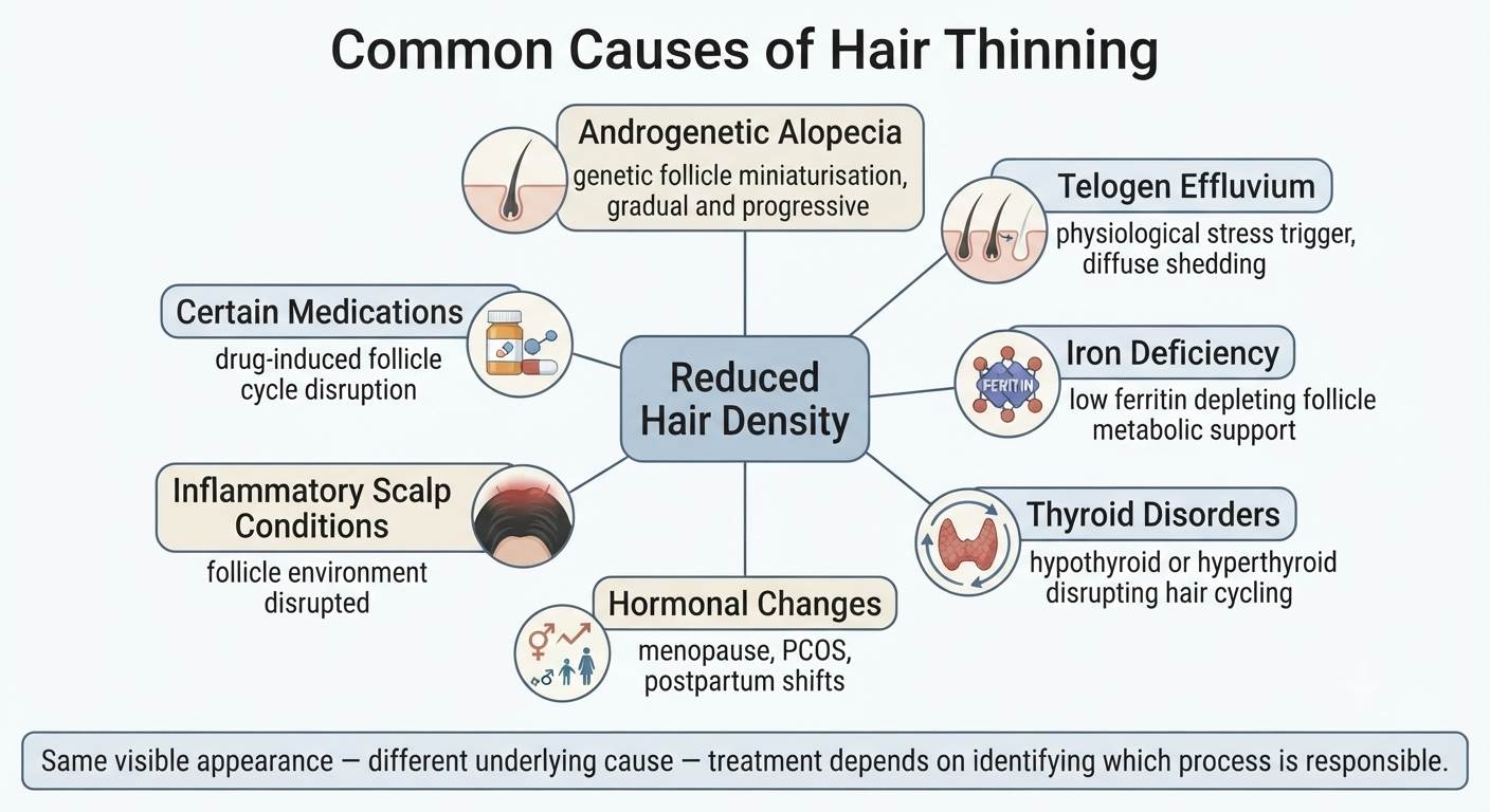 Structured diagram mapping common causes of hair thinning