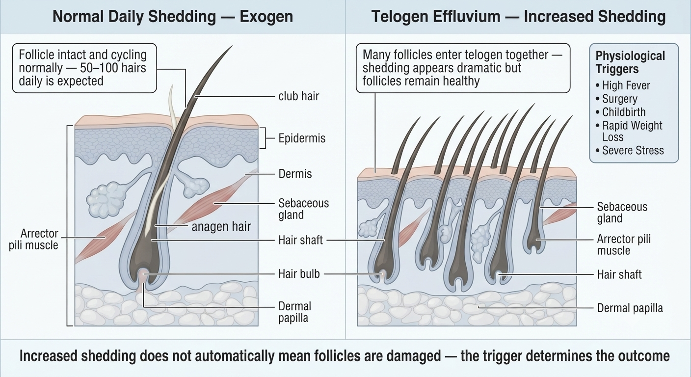 Diagram of normal telogen shedding vs telogen effluvium — same process, different scale