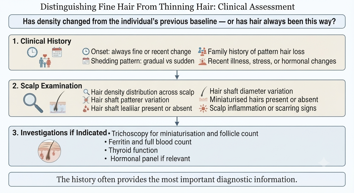 Diagram of clinical assessment approach for distinguishing fine hair from thinning