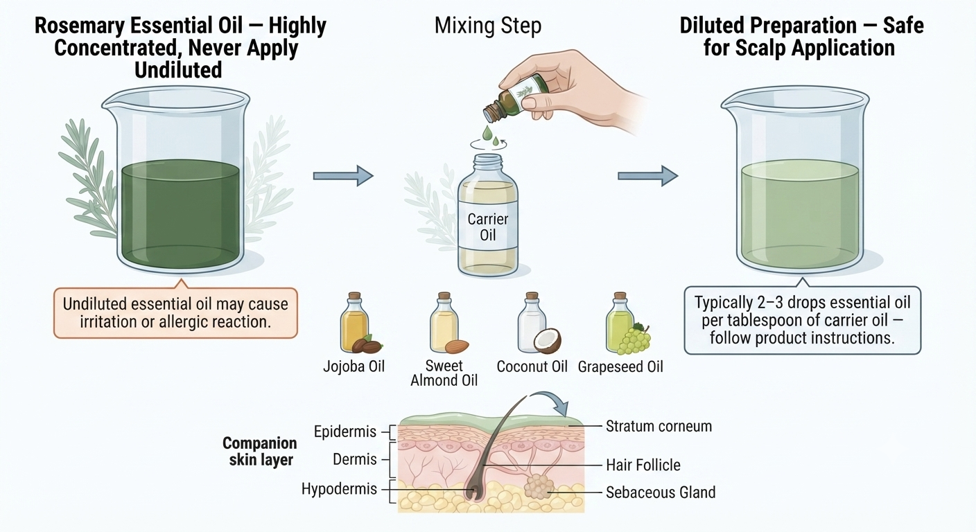 Diagram showing correct dilution method — essential oil into carrier oil